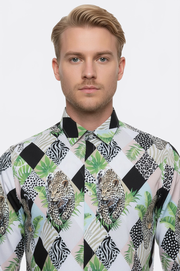 Men's White Slim Fit Multicolour Leopard Print Shirt | Wessi