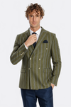 Men’s Forest Green Striped Slim Fit Double Breasted Peak Lapel Blazer