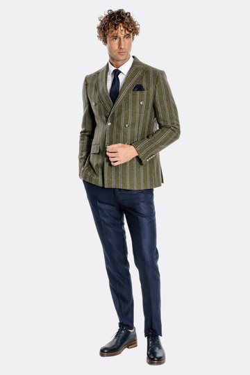 Men’s Forest Green Striped Slim Fit Double Breasted Peak Lapel Blazer