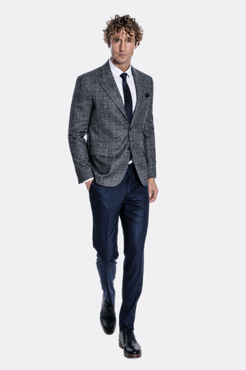 Men’s Midnight Navy Checked Slim Fit Single Breasted Smart-Casual Blazer