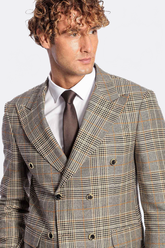 Men’s Heather Grey Checked Slim Fit Double Breasted Smart-Casual Blazer