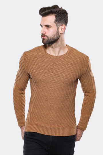 Tan Slim Fit Round Neck Patterned Cotton Knit Jumper – Wessi