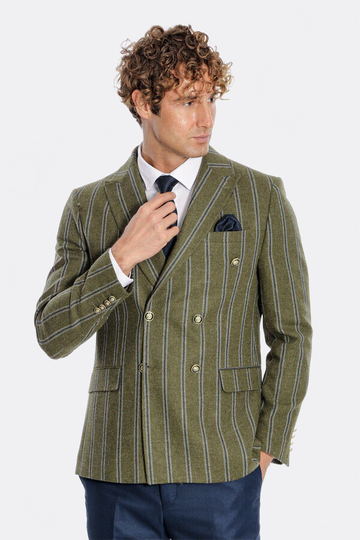 Men’s Forest Green Striped Slim Fit Double Breasted Peak Lapel Blazer