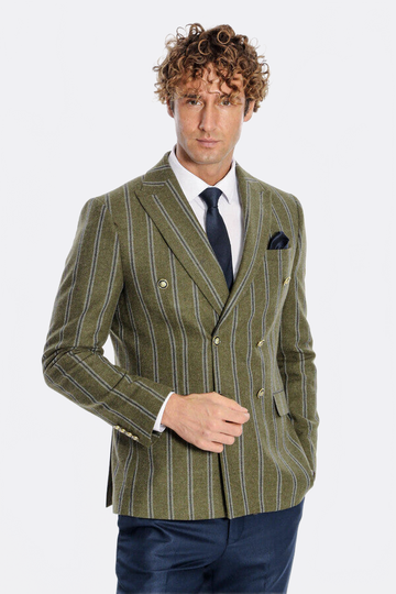 Men’s Forest Green Striped Slim Fit Double Breasted Peak Lapel Blazer
