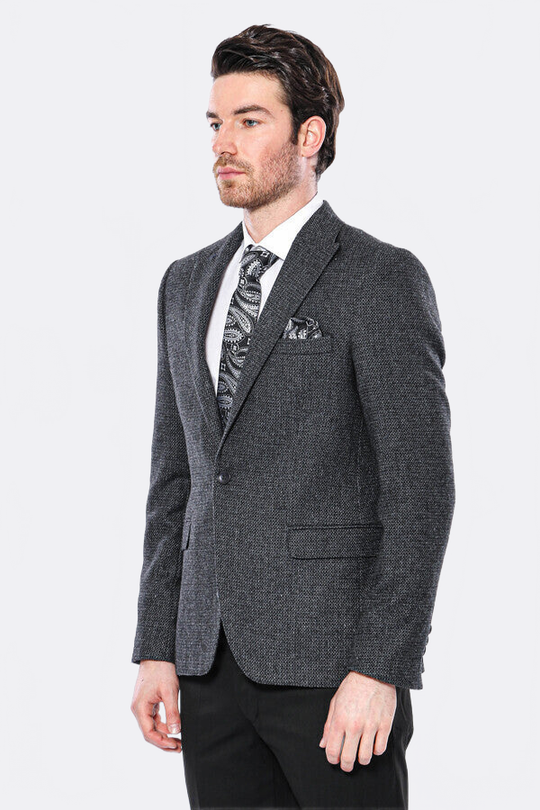 Men’s Dark Grey Textured Slim Fit Peak Lapel Blazer