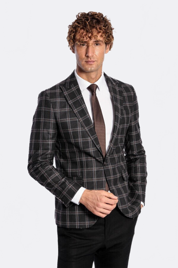 Men’s Charcoal Black Windowpane Check Slim Fit Peak Lapel Sport Blazer