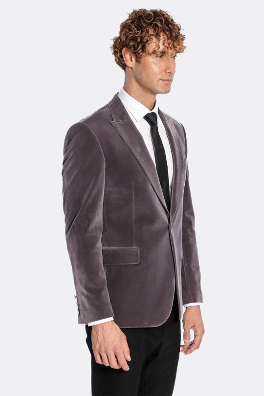 Men’s Grey Velvet Slim Fit Wide Peak Lapel Blazer