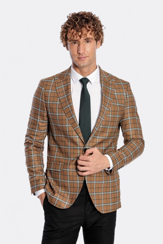 Men’s Toffee Brown & Blue Windowpane Check Slim Fit Notch Lapel Sport Blazer