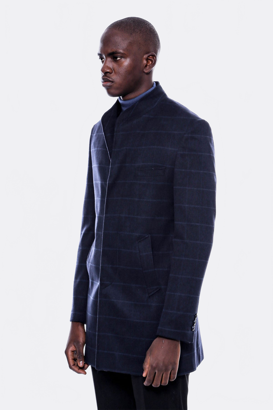 Navy Check Slim Fit Mandarin Collar Long Coat – Wessi
