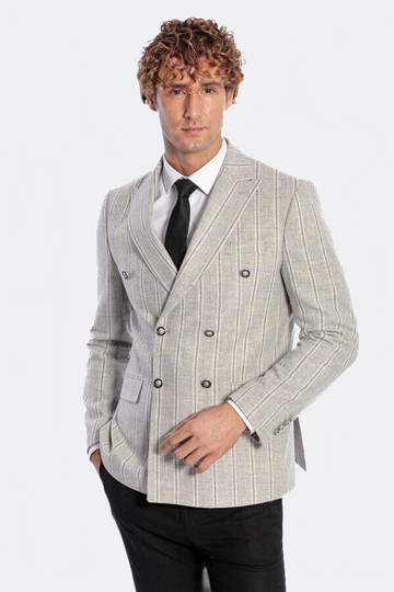 Men’s Dove Grey Striped Slim Fit Double Breasted Peak Lapel Blazer