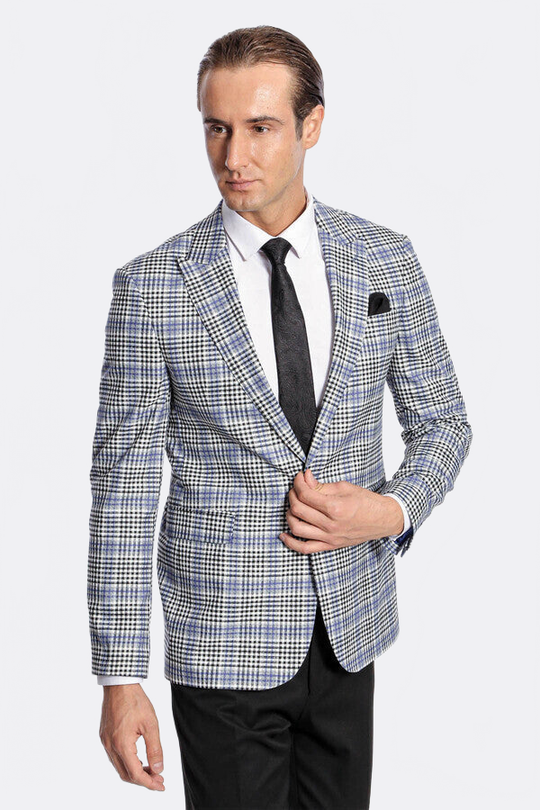 Men’s Blue & Black Glen Plaid Slim Fit Notch Lapel Sport Blazer