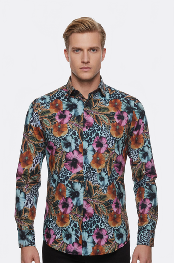 Men's White Slim Fit Floral & Leopard Print Multicolour Shirt | Wessi