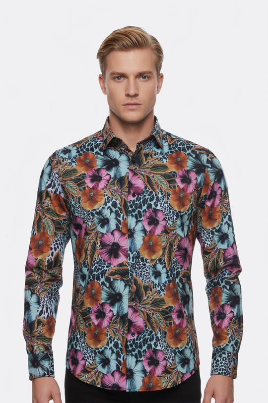 Men's White Slim Fit Floral & Leopard Print Multicolour Shirt | Wessi