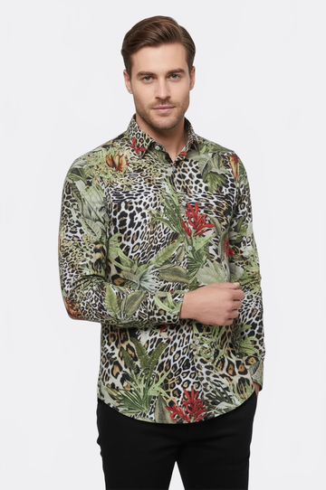 Men's White Slim Fit Multicolour Tiger Print Shirt | Wessi