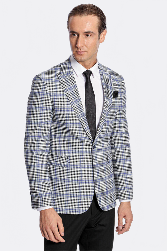 Men’s Blue & Black Glen Plaid Slim Fit Notch Lapel Sport Blazer