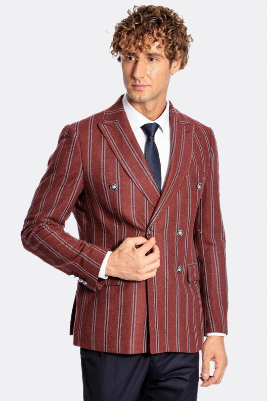 Men’s Deep Burgundy Striped Slim Fit Double Breasted Peak Lapel Blazer