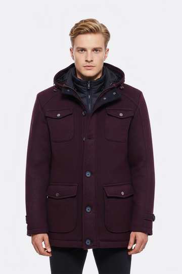 Burgundy Slim Fit Detachable Hood Felt Overcoat – Wessi