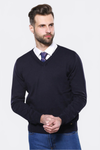 Navy Blue Slim Fit V-Neck Cotton Knit Jumper – Wessi