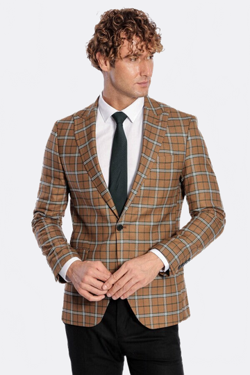Men’s Toffee Brown & Blue Windowpane Check Slim Fit Notch Lapel Sport Blazer