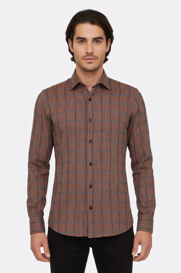 Men's Brown Slim Fit Plaid Cotton Shirt | Wessi