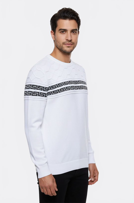 White Slim Fit Round Neck Chest Patterned Knit Jumper – Wessi