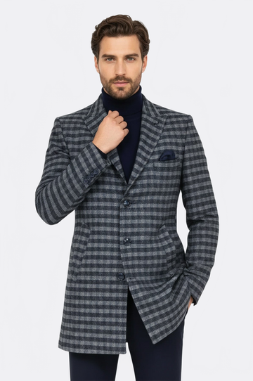 Navy Blue Plaid Slim Fit Peak Wide Lapel Wool Blend Overcoat – Wessi