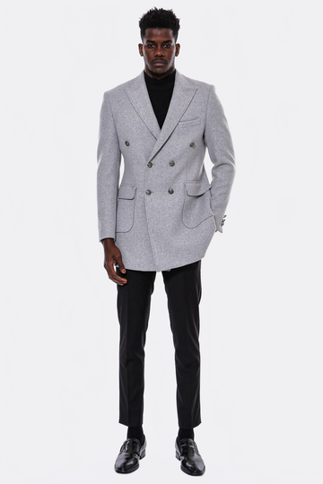 Grey Slim Fit Double Breasted Metal Button Wool-Rich Long Coat – Wessi