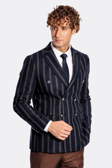Wide Lapel Striped Double Breasted Navy Blue Men Blazer - Wessi
