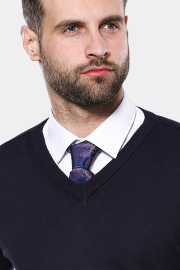 Navy Blue Slim Fit V-Neck Cotton Knit Jumper – Wessi