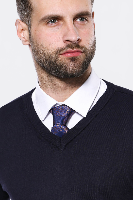 Navy Blue Slim Fit V-Neck Cotton Knit Jumper – Wessi
