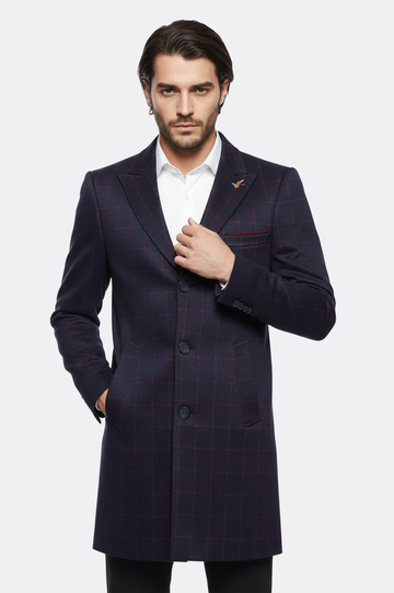 Navy Blue Plaid Slim Fit Long Coat – Wessi