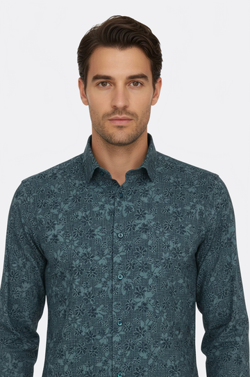 Men's Green Slim Fit Bloom Patterned Shirt | Wessi