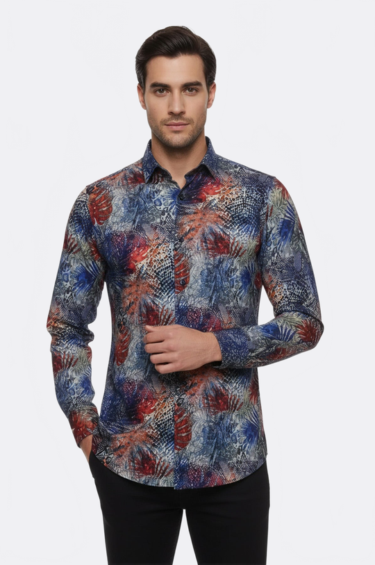 Men's Navy Blue Slim Fit Red Leaf Print Shirt | Wessi