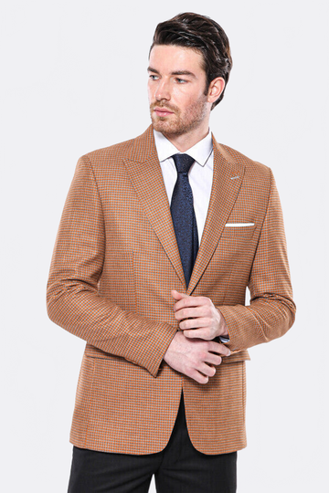 Men’s Orange Micro-Check Slim Fit Peak Lapel Sport Blazer