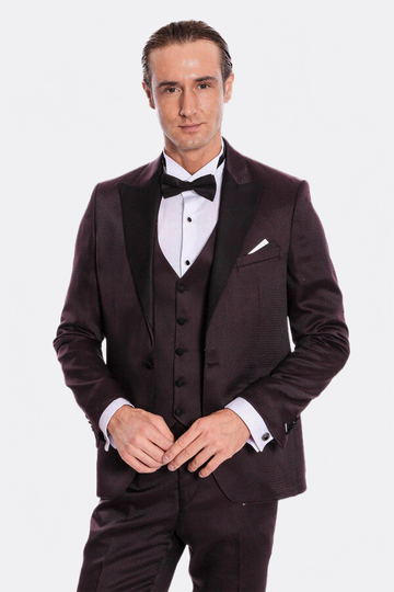 Men's Deep Claret Micro-Patterned 3-Piece Slim Fit Tuxedo with Shawl Lapel