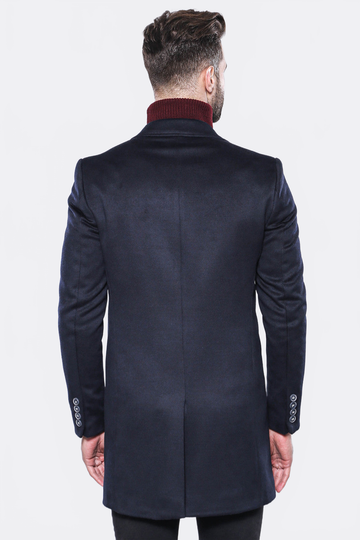 Navy Blue Slim Fit Peak Wide Lapel Long Coat – Wessi