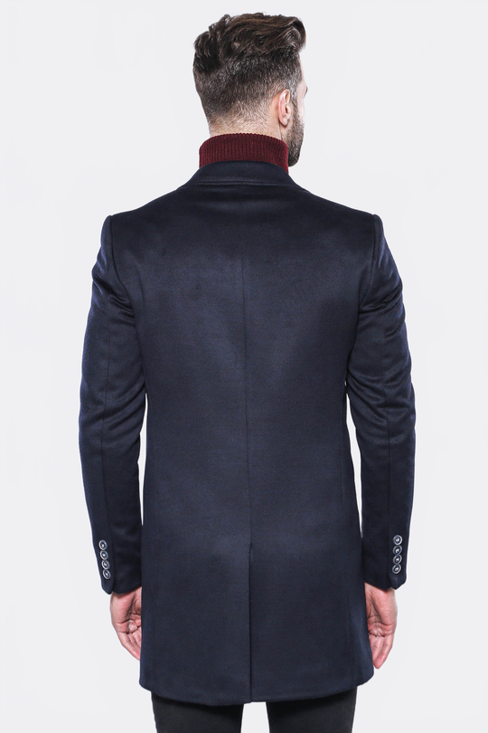 Navy Blue Slim Fit Peak Wide Lapel Long Coat – Wessi
