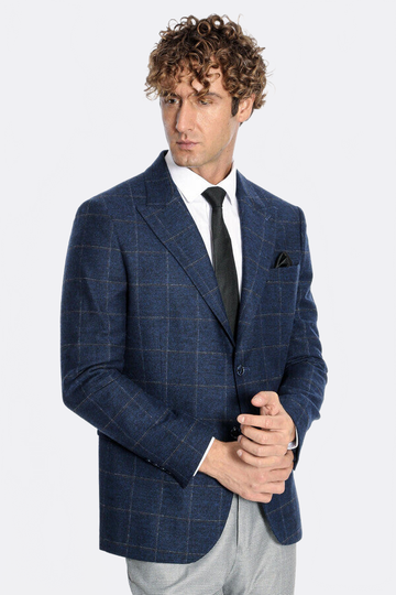 Men’s Navy Blue Windowpane Plaid Wool Blend Slim Fit Notch Lapel Blazer