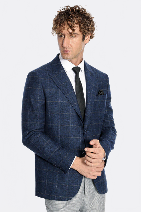 Men’s Navy Blue Windowpane Plaid Wool Blend Slim Fit Notch Lapel Blazer