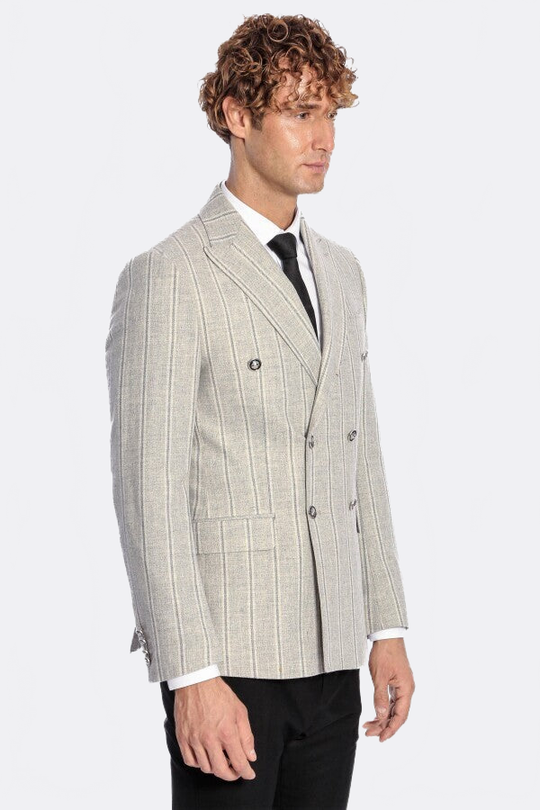 Men’s Dove Grey Striped Slim Fit Double Breasted Peak Lapel Blazer