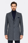 Navy Blue Plaid Slim Fit Peak Wide Lapel Wool Blend Overcoat – Wessi