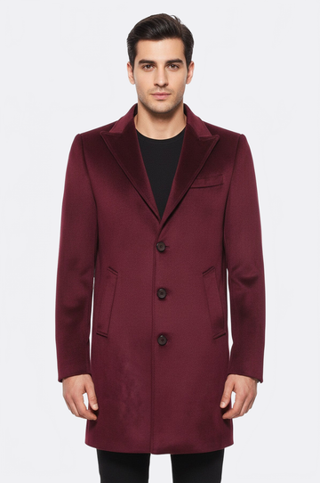 Burgundy Slim Fit Peak Wide Lapel Long Coat – Wessi