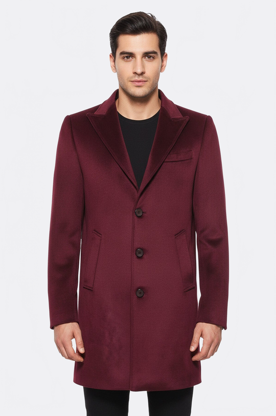 Burgundy Slim Fit Peak Wide Lapel Long Coat – Wessi