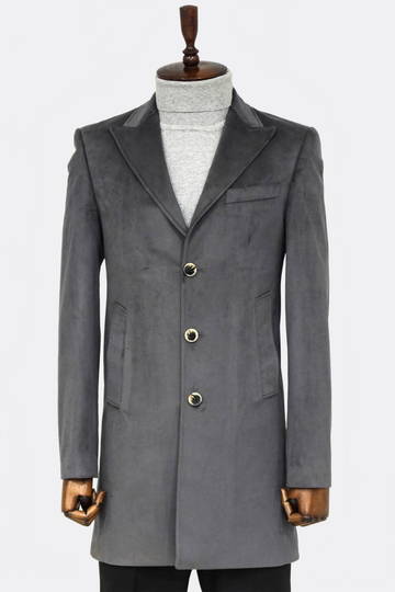 Grey Suede Slim Fit Peak Wide Lapel Long Coat – Wessi