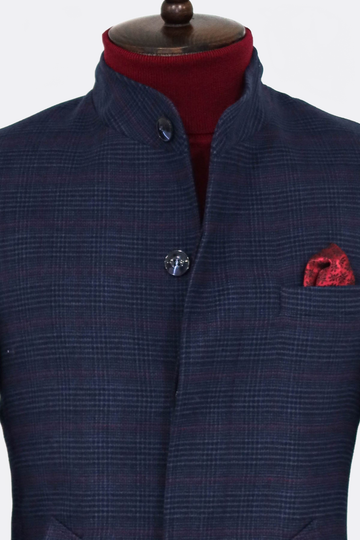 Navy Blue Check Slim Fit Stand-Up Collar Hidden Button Coat – Wessi