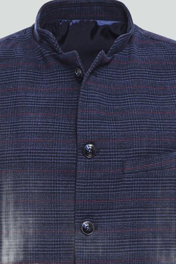 Navy Slim Fit Checked Mandarin Collar Cachet Vest | Wessi