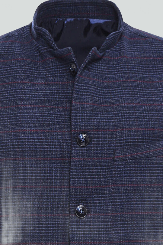 Navy Slim Fit Checked Mandarin Collar Cachet Vest | Wessi