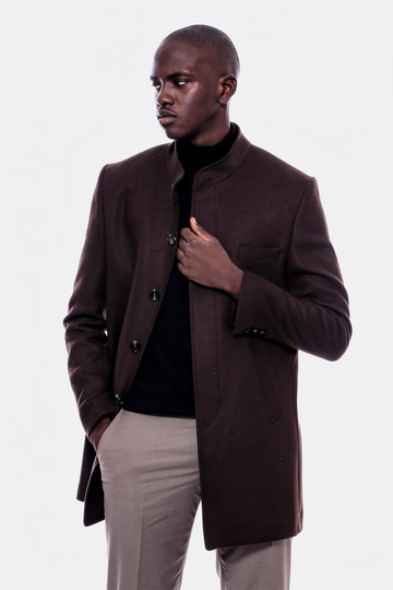 Brown Slim Fit Mandarin Collar Cachet Short Coat – Wessi