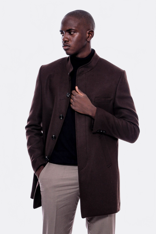 Brown Slim Fit Mandarin Collar Cachet Short Coat – Wessi