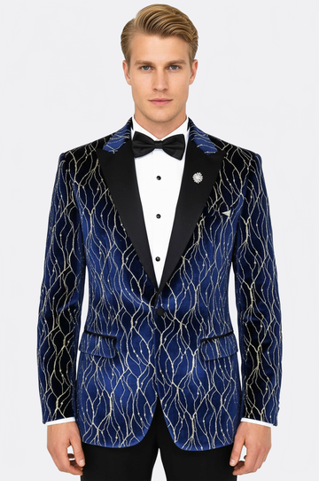 Men’s Midnight Navy & Gold-Vein Jacquard Slim Fit Peak Lapel Dinner Jacket